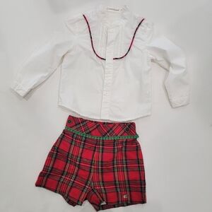 Red Plaid Shorts With White Shirt With Trim Size 2 Years